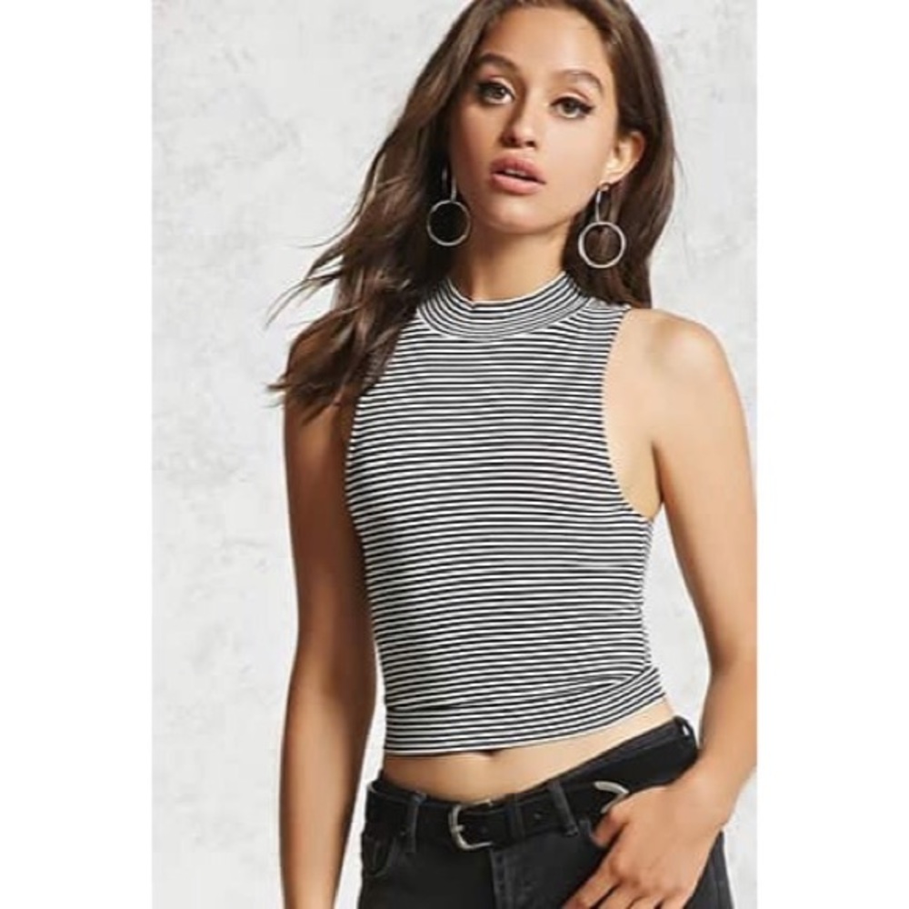 f21 striped mock neck cropped tank