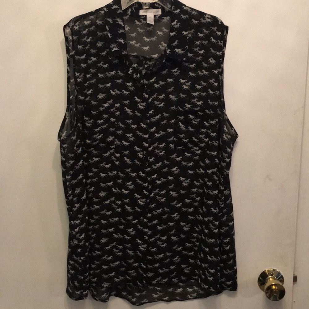 Sheer Sleeveless Blouse with Horse Print