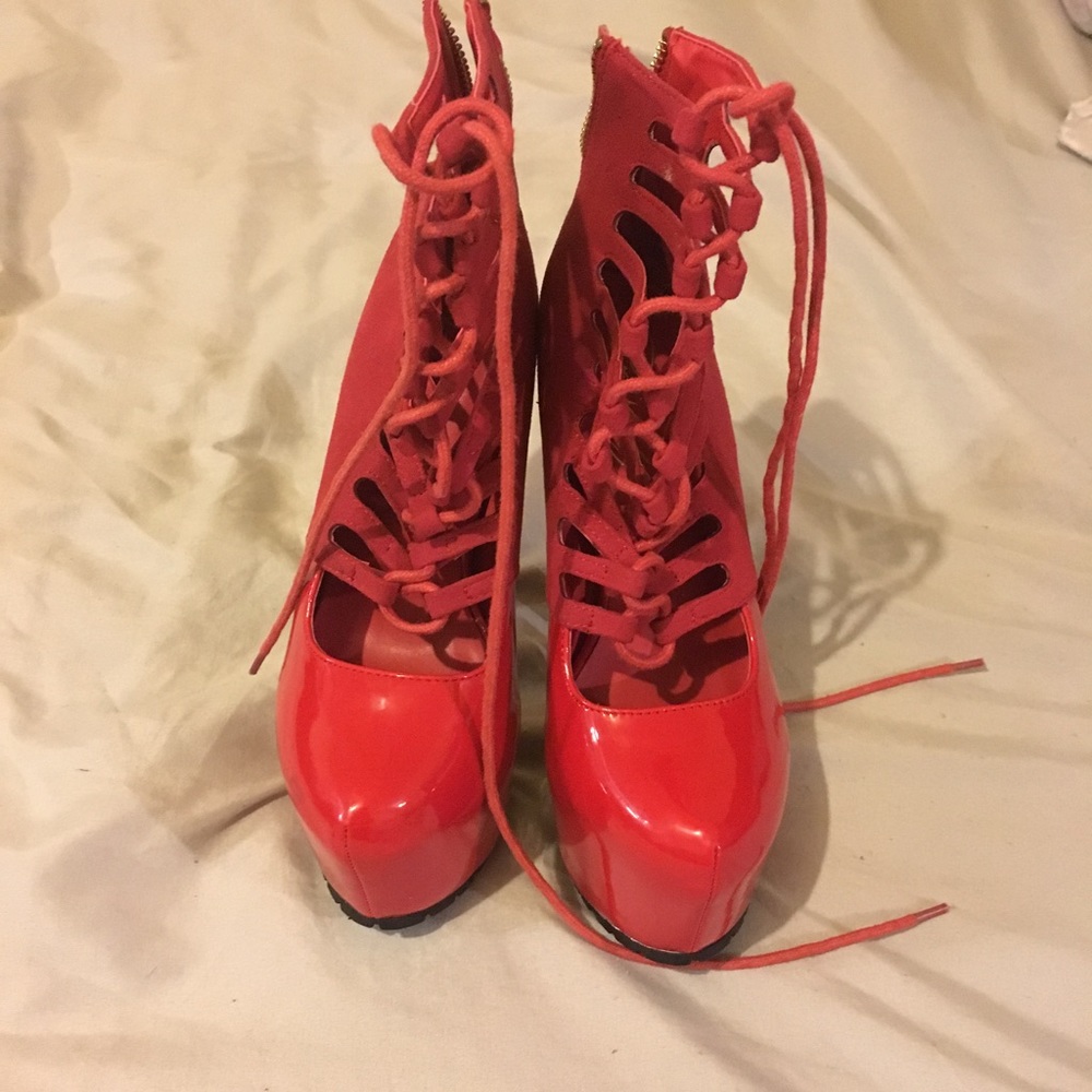 Red lace up privilege heels