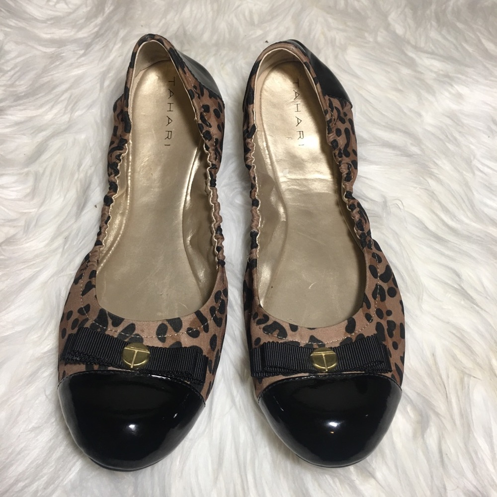 Tahari Gibson Leopard Print Black Patent Flats
