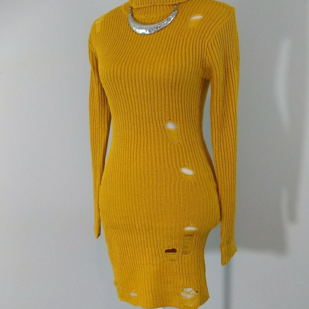 🆕💛Golden Yellow Distressed Sweater Dress
