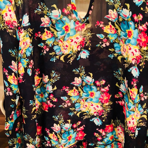 WORN ONCE Floral Chiffon Bell Sleeve Top - Picture 2 of 6