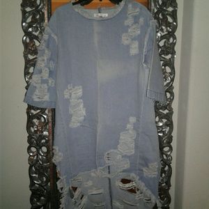Distressed denim hi-lo mini dress