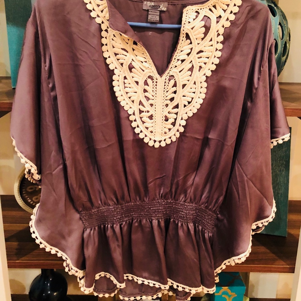 BRAND NEW Satin-like Pale Purple V-Neck Fringe Top