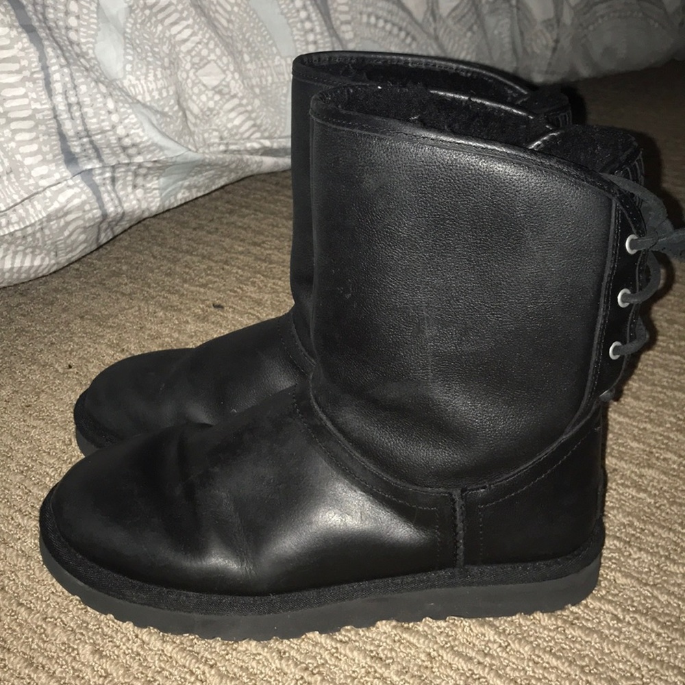 Black Leather Ugg Boots with lace up back