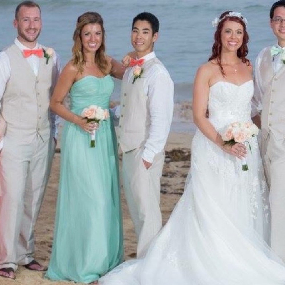 Floor length strapless bridesmaid dress