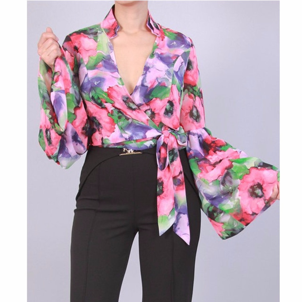 MANGO Pink Floral Puff Bell Sleeve Shirt Blouse - Picture 1 of 4