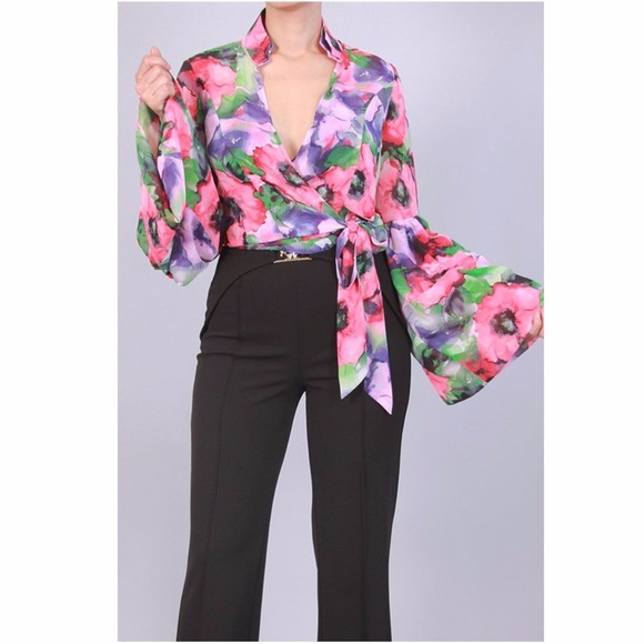 MANGO Pink Floral Puff Bell Sleeve Shirt Blouse - Picture 2 of 4