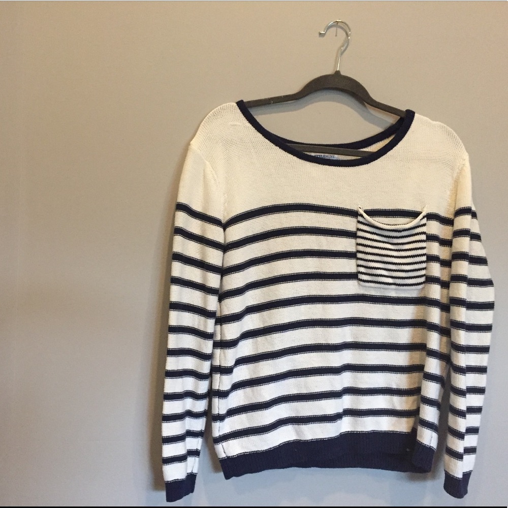 Navy and white striped frocket sweater size M