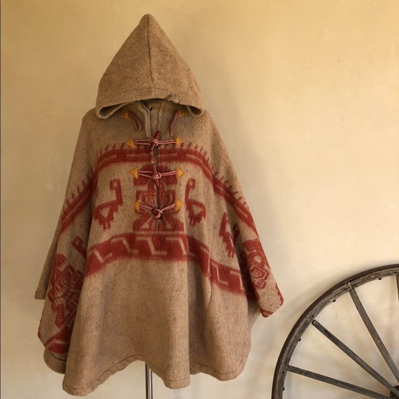 Vintage Handmade Mexican Jackets & Blazers - SOLD MEXICAN CAPE PONCHO Hooded Wood Toggles Rare