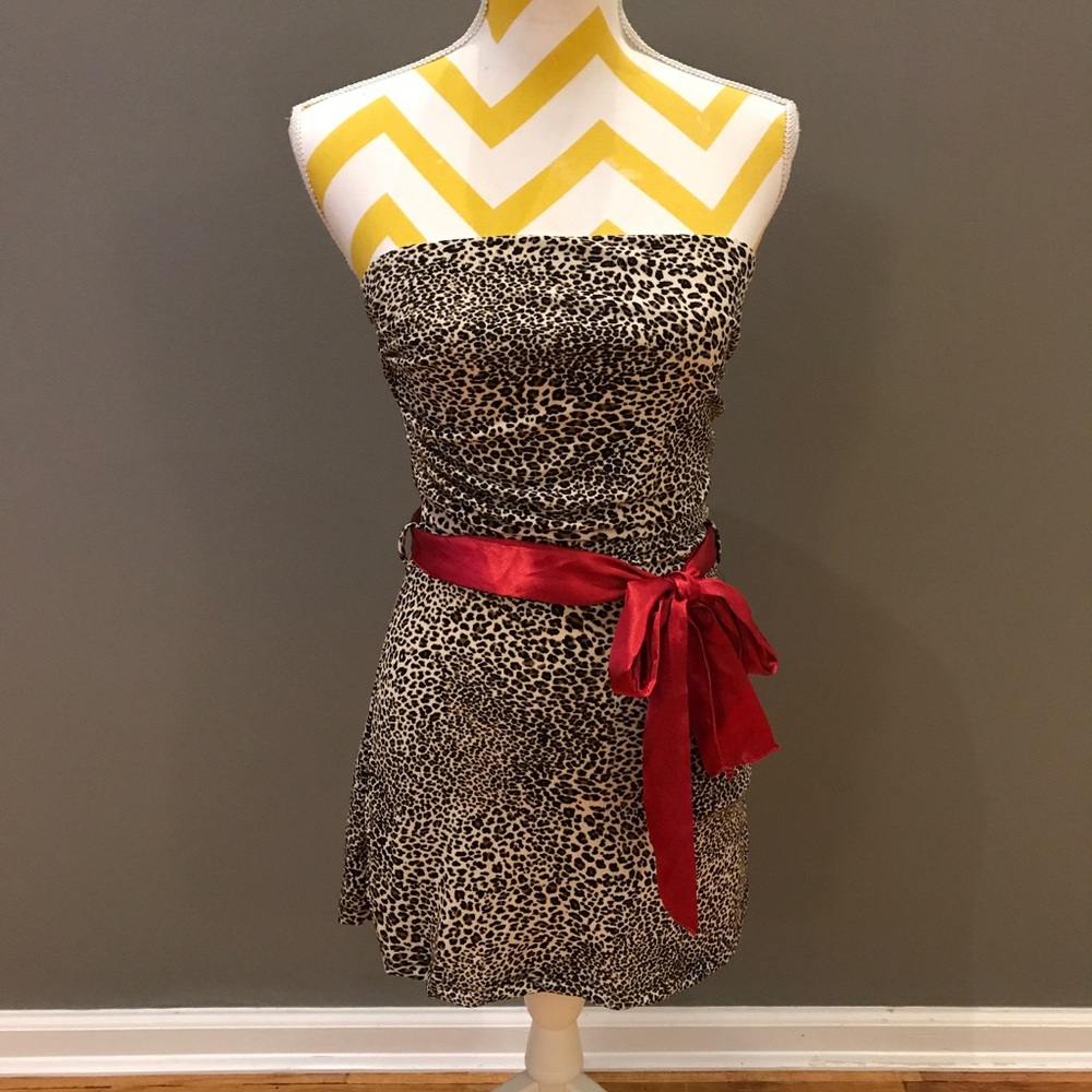 Leopard Shirt Dress with Red Satin Sash Belt