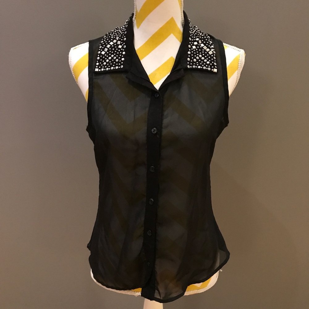 Black Sleeveless Sheer Blouse, Silver Stud Collar