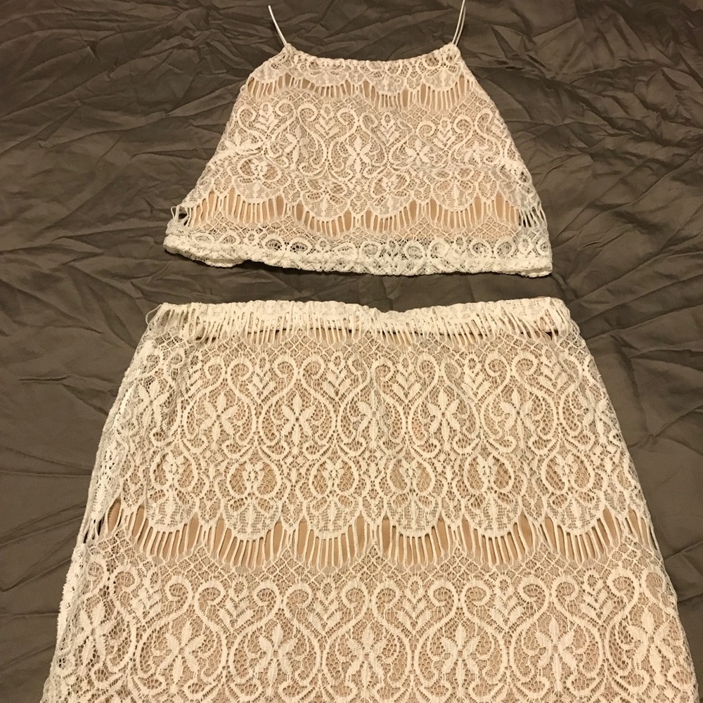 Crop top and skirt.