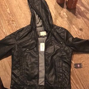 Black Leather Jacket with hood