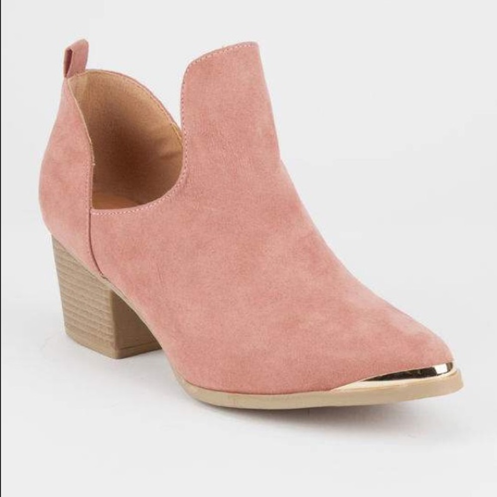 Pink Gold Toe Suede Cutout Booties