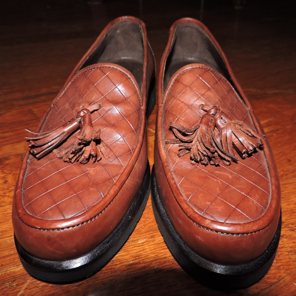 COLE HAAN Brown Tassel Woven Leather Loafers