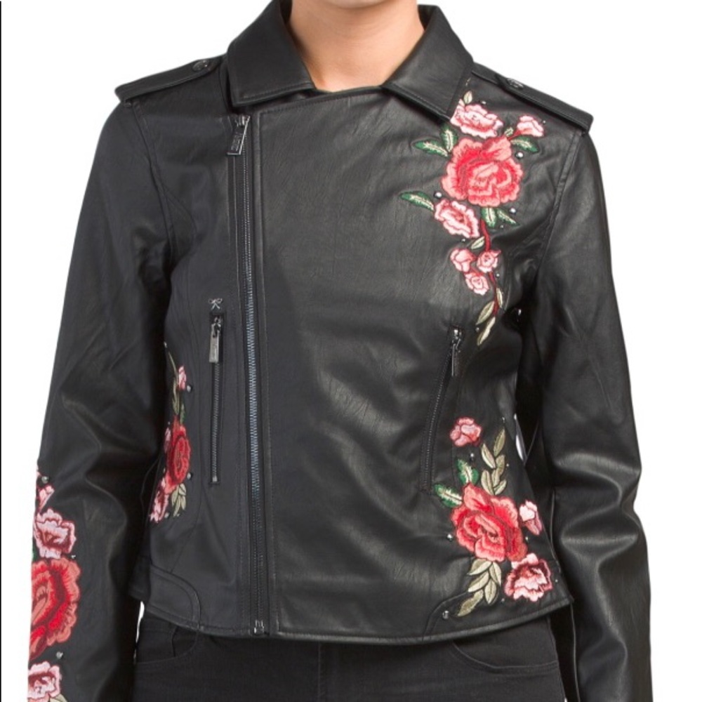 Faux Leather Embroidered Moto Jacket