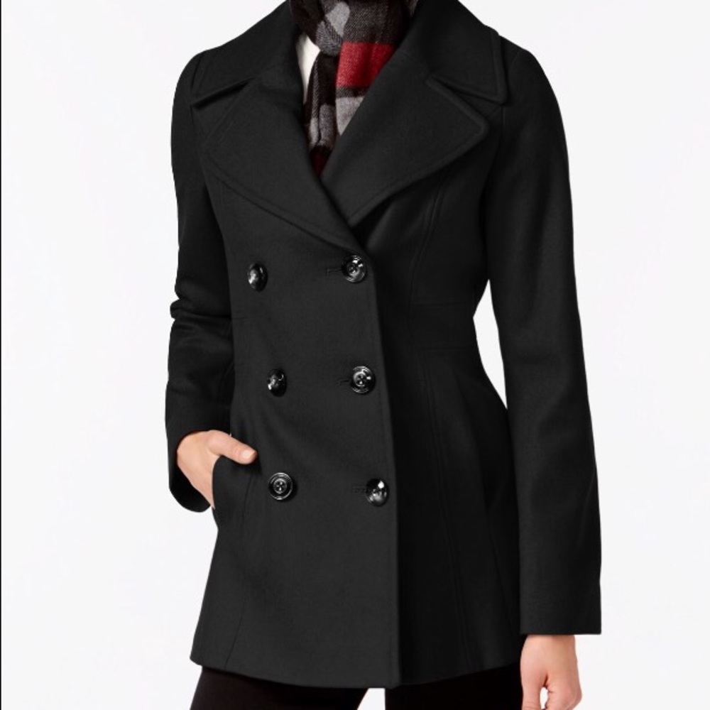 Petite XS Black London Fog Double Breasted PeaCoat