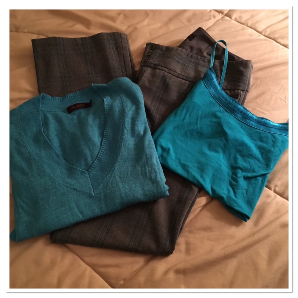 Cami, V-neck sweater, and pants set