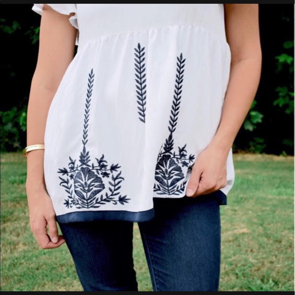 White/navy embroidered blouse