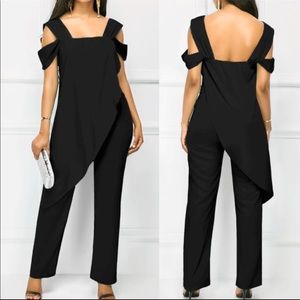 Wide Strap Black Open Back Overlay Jumpsuit