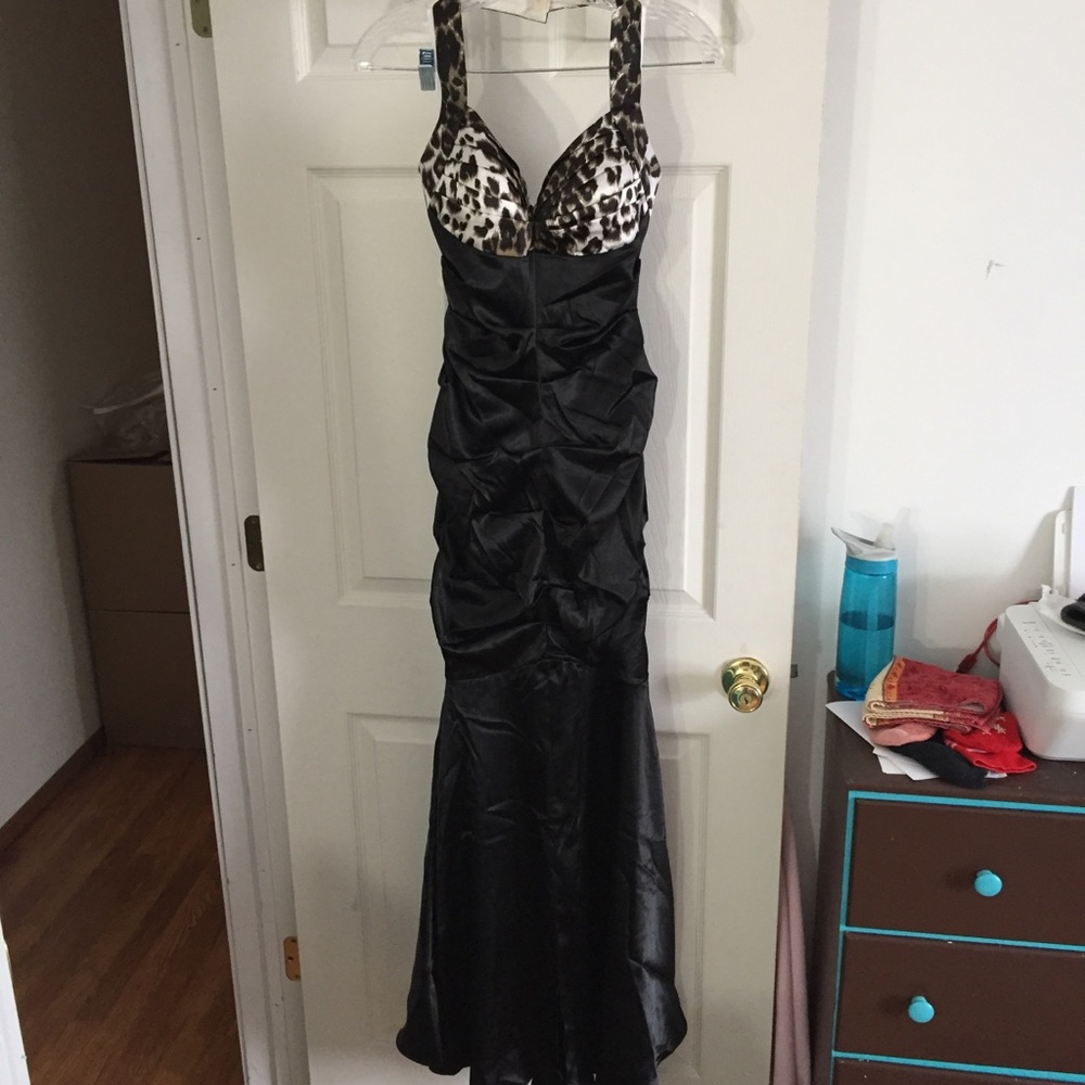 Black& Cheetah Satin Halter Evening Gown