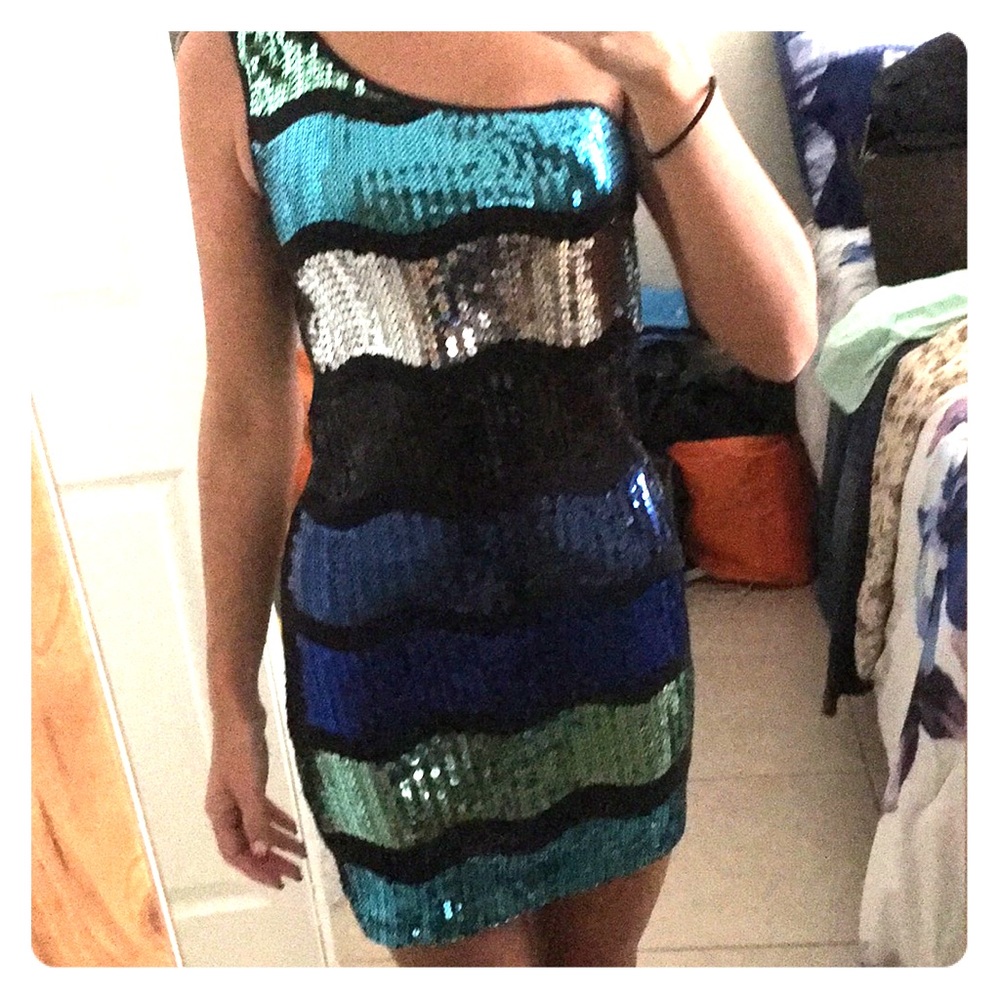 Shades of blue sequined off the shoulder dress