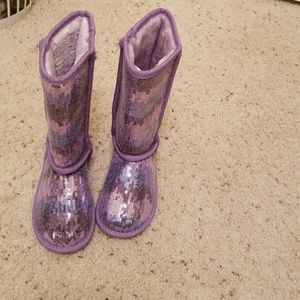 Purple sparkly "fuzzy" boots