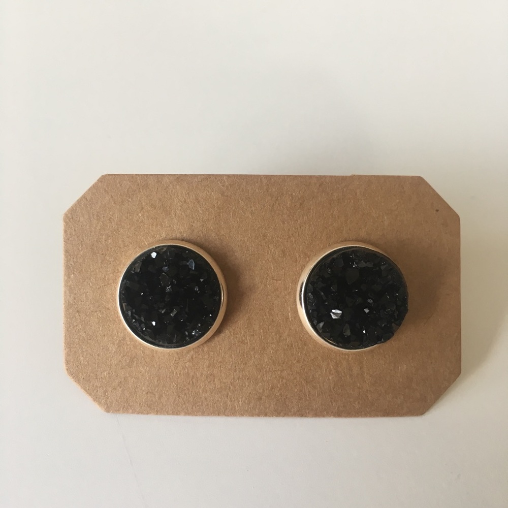 Black Druzy Stud Post Earrings