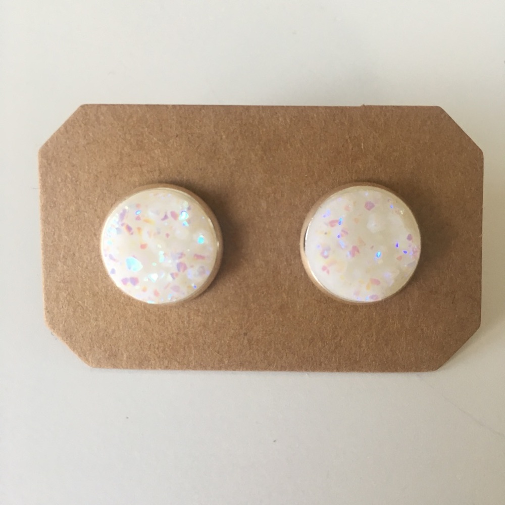 White Druzy Stud Post Earrings