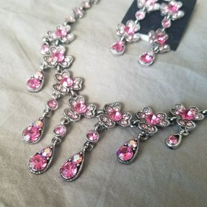 Pink Drop-down Silvertone Jewelry Set