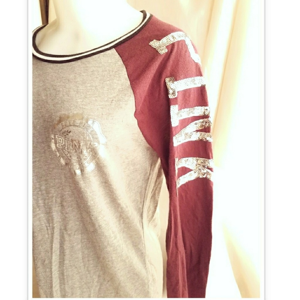 Sequin PINK Victorias Secret baseball tee S Maroon
