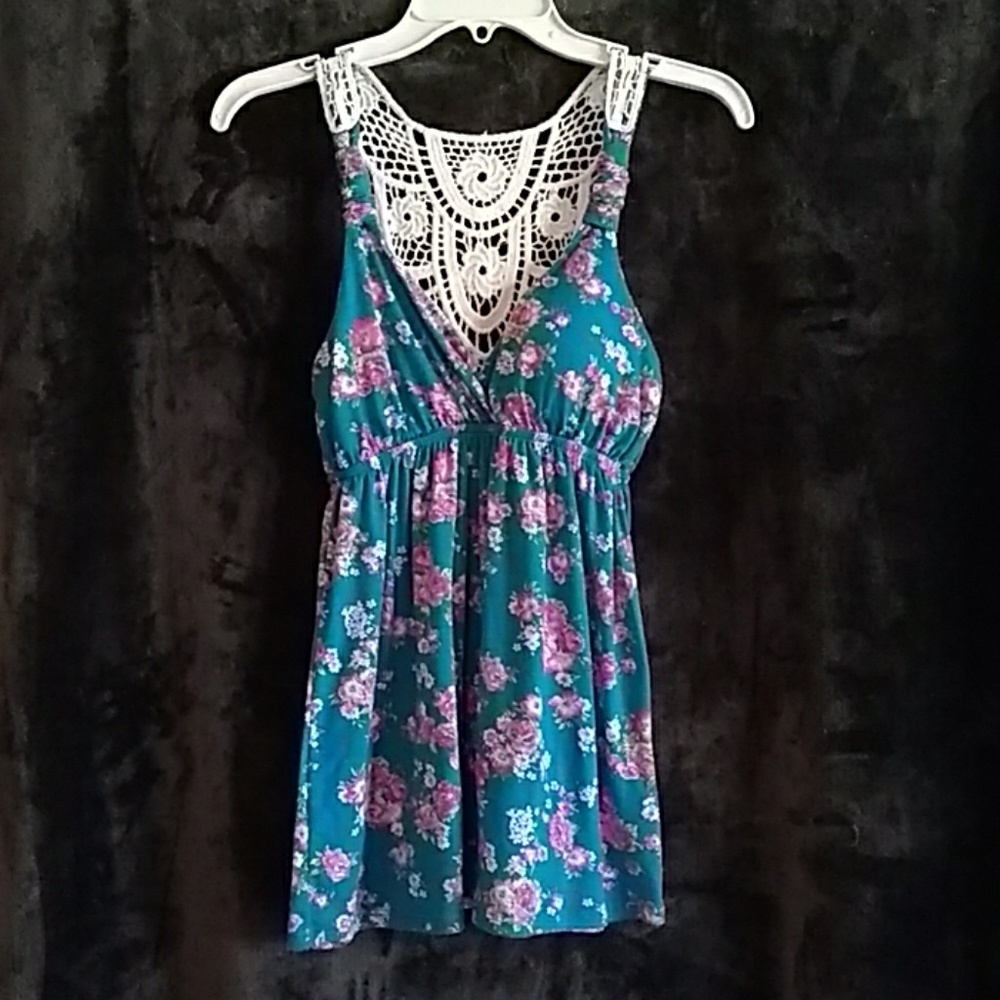 Pink rose crochet knit panel babydoll top