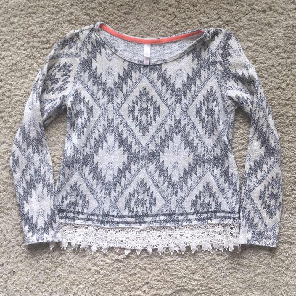 tribal sweater with lace hem