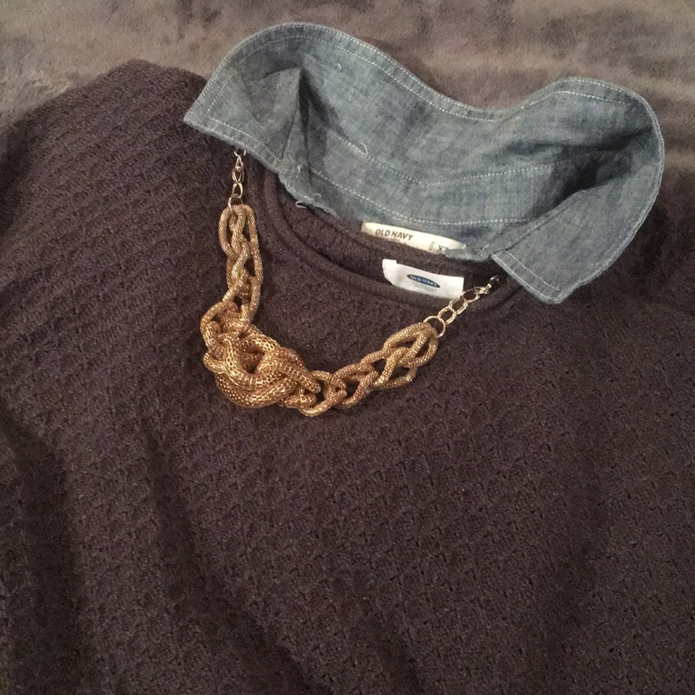 2 for 1 Deal Chambray Button-Up & Plum Sweater!