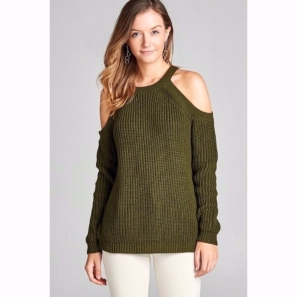 Long Sleeve Ribbed Knit Cold Shoulder Sweater