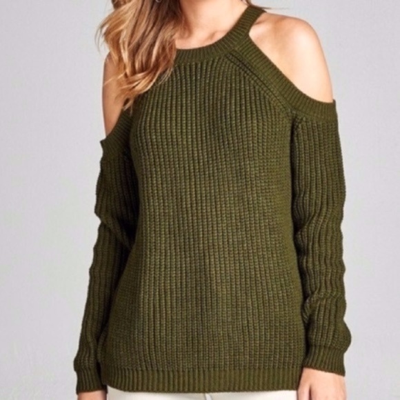 Long Sleeve Ribbed Knit Cold Shoulder Sweater - Picture 2 of 7