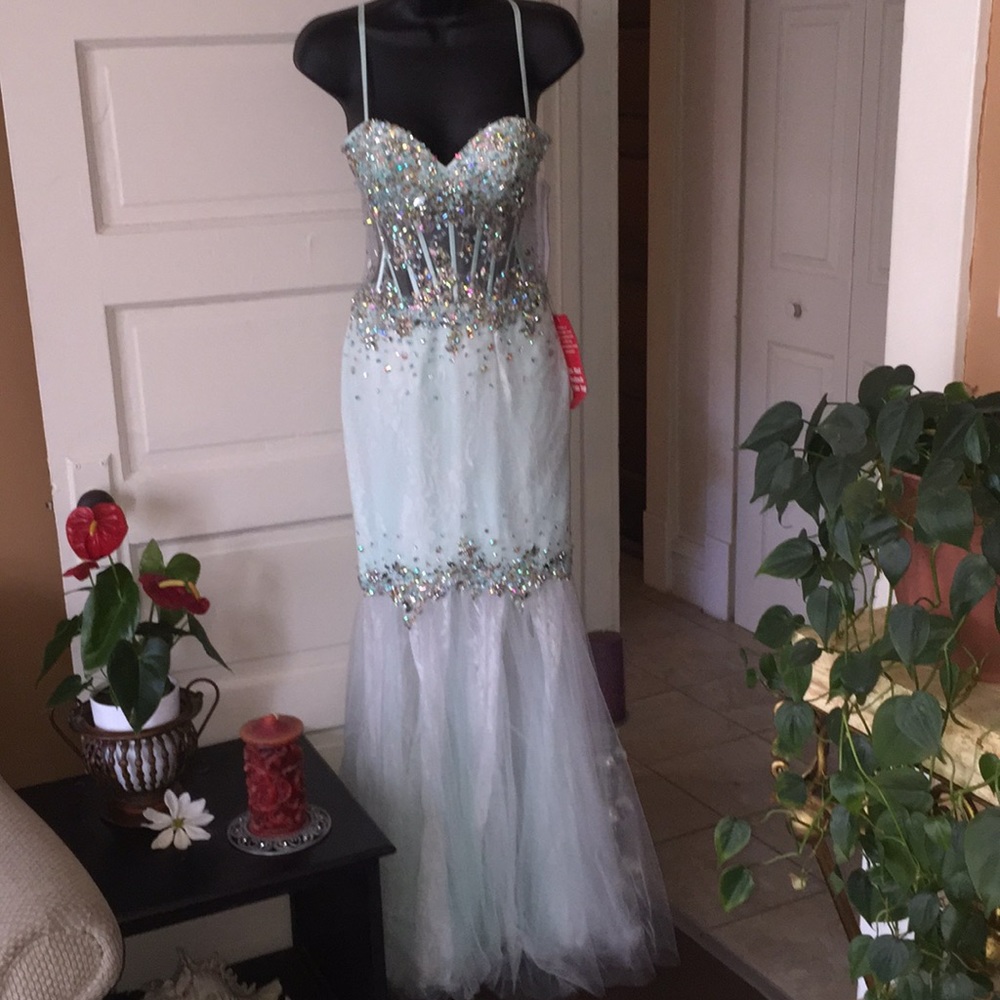 Mermaid style light green beaded and gown