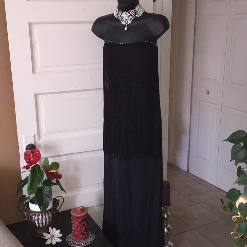 Black strapless fringed gown