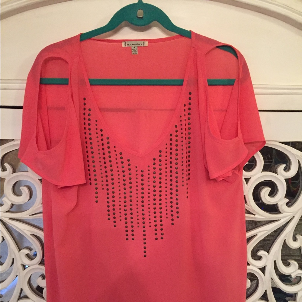 Lucca Couture embellished cold shoulder woven top