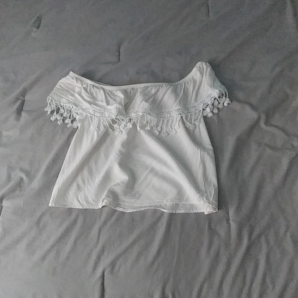 A white off the shoulder top.