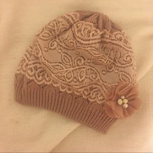 Claire’s dusty rose lace and knit beanie