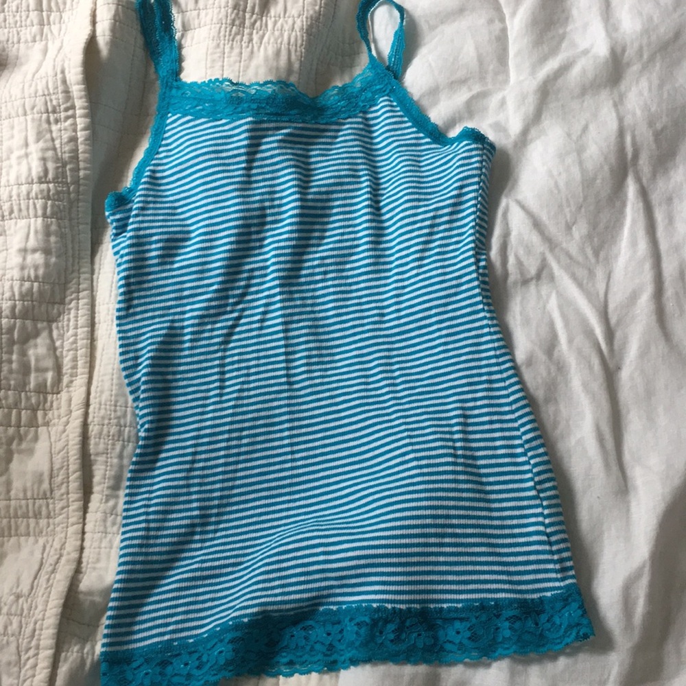 Blue and White Striped Blue Lace Tank Top