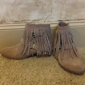 BCBG brown leather fringe booties