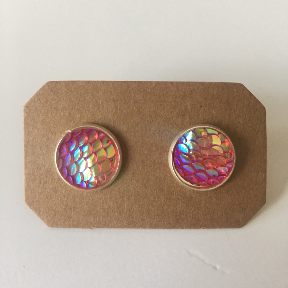 Pink Holographic Mermaid Earrings Studs Posts