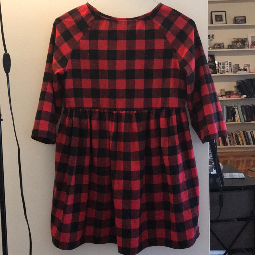 Red black round neck plaid dress
