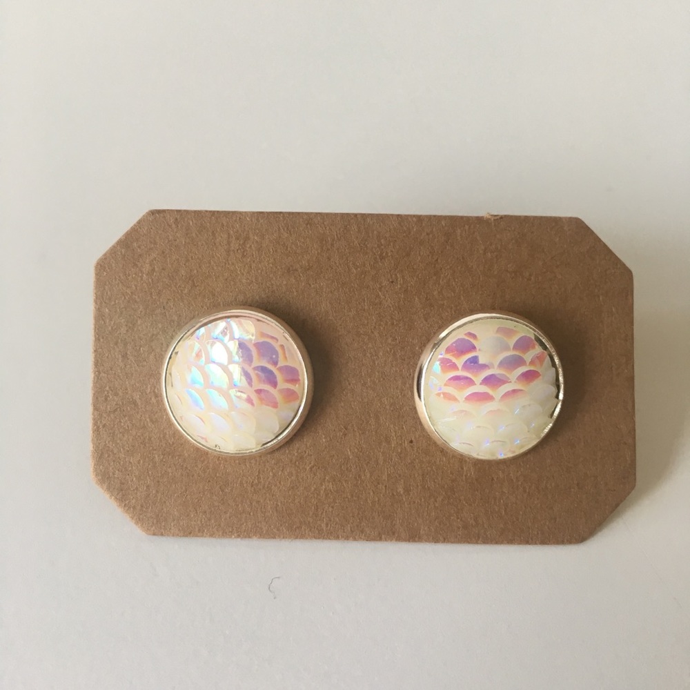 White Holographic Mermaid Earrings Studs Posts