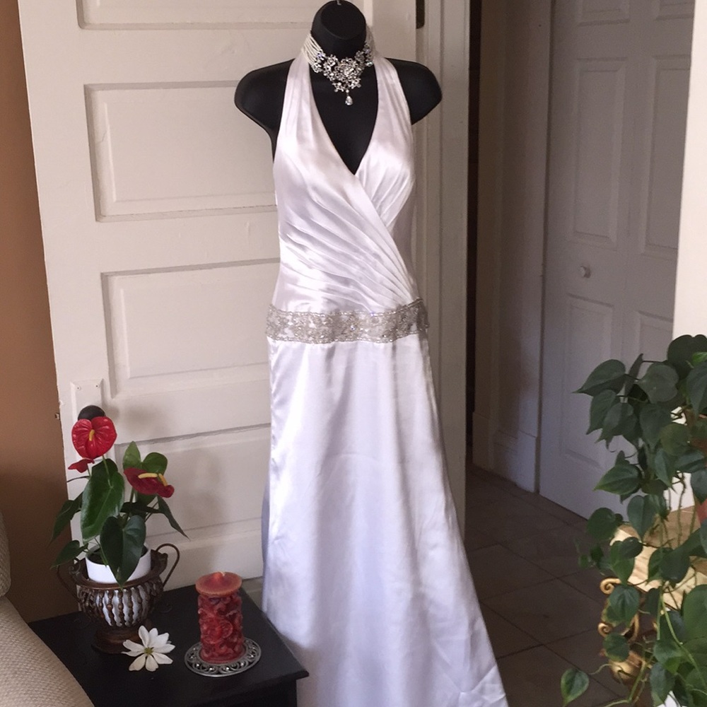 Halter style wedding gown small train beaded