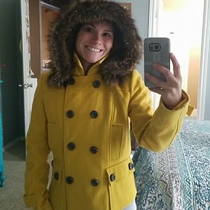Mustard Yellow Peacoat with detachable fur hood