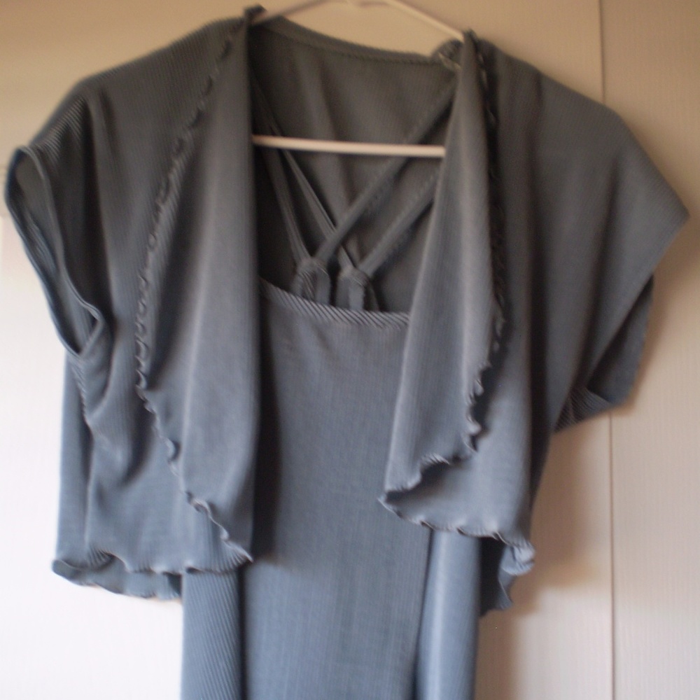 long evening light dress shiny greenish-grayish